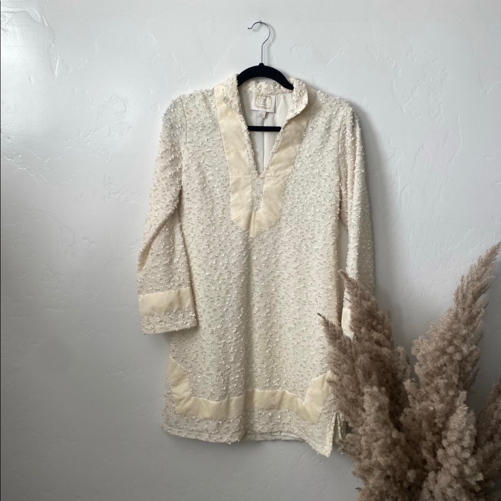 Sail To Sable | Cream V Neck Texture Long Sleeve Dress